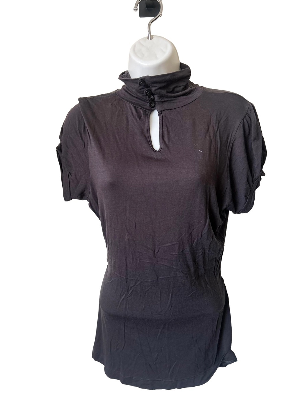 Zara Charcoal grey, Short-Sleeve Mock Neck Top with Button Keyhole, Sz M